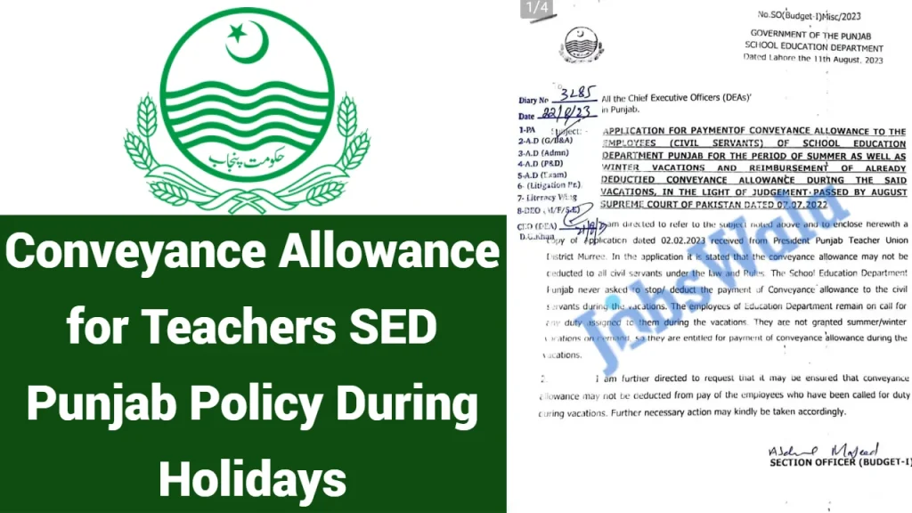 Conveyance Allowance for Teachers SED Punjab Policy During Holidays
