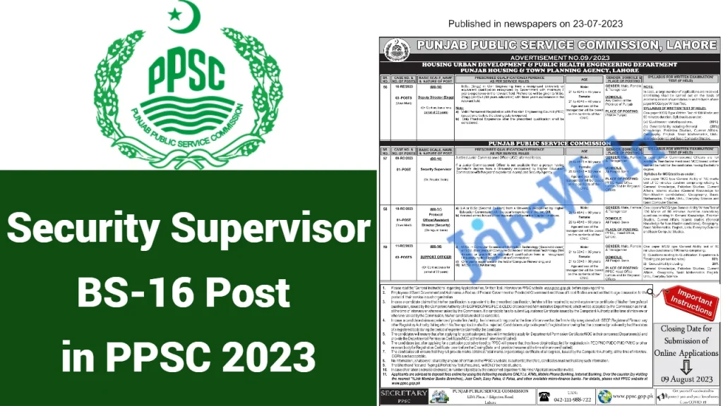 Security Supervisor BS-16 Post in PPSC 2023