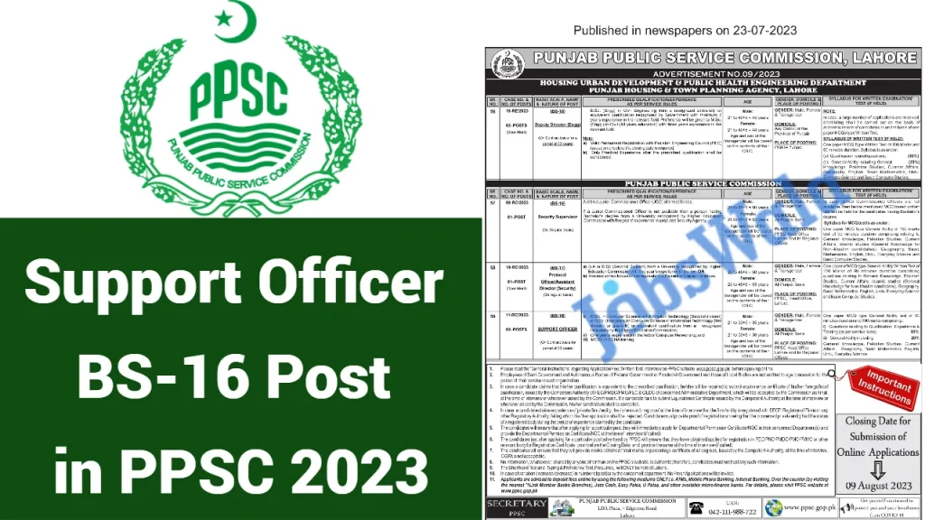 Support Officer BS-16 Post in PPSC 2023