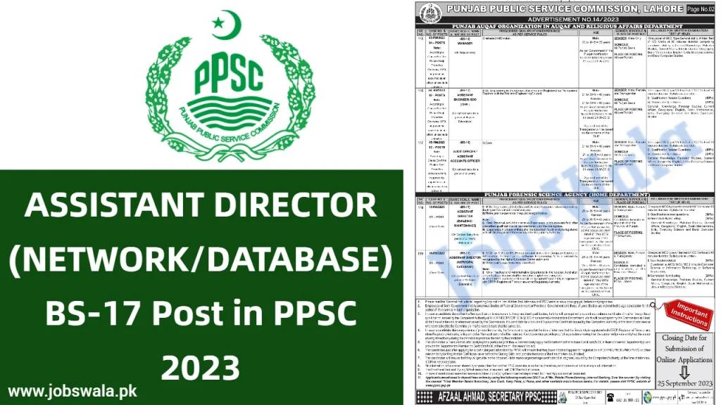 ASSISTANT DIRECTOR (NETWORK/DATABASE) BS-17 Post in PPSC 2023
