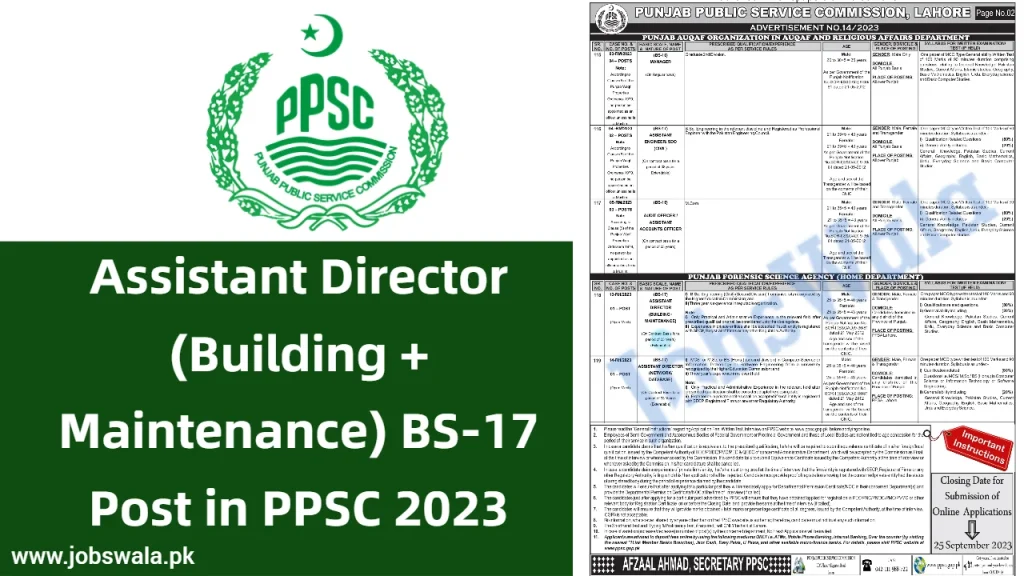 Assistant Director (Building + Maintenance) BS-17 Post in PPSC 2023