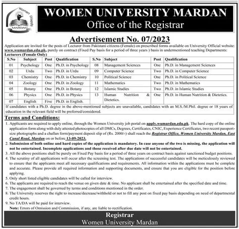 Job Vacancies at Women University Mardan 2023